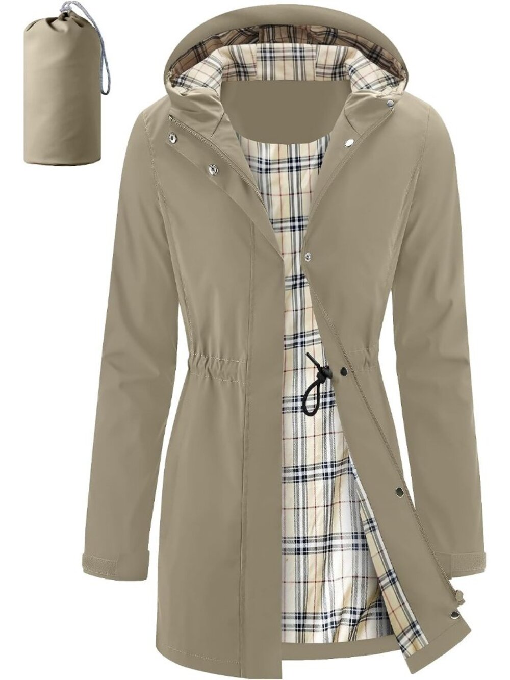 Women's Khaki Long Rain Jacket Waterproof Packable Hooded Windbreaker Daily Wear